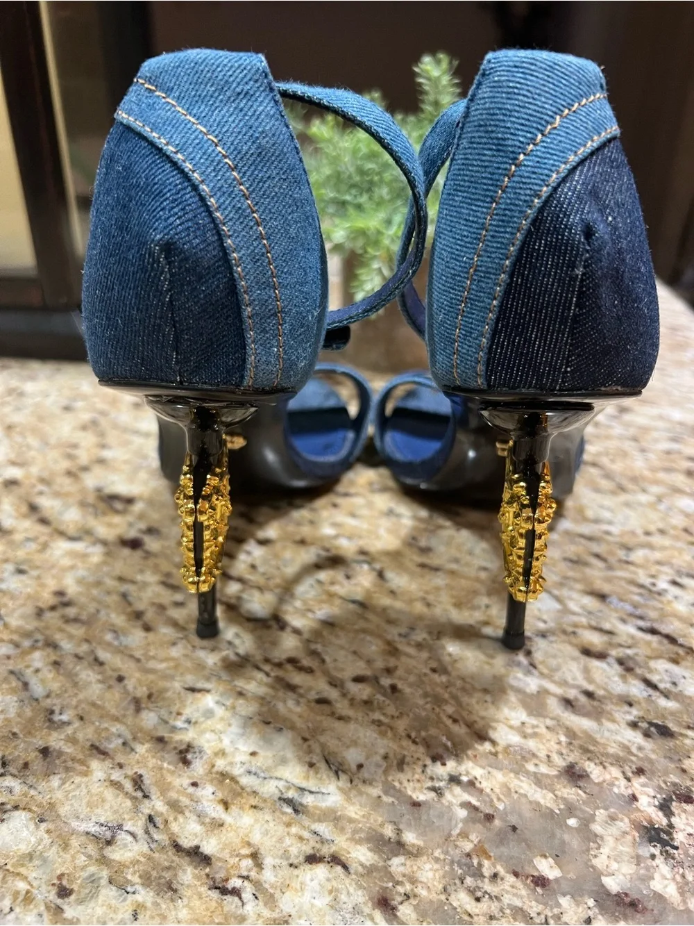 Dolce& Gabbana Patchwork Denim Sandals w/ Baroque DG Heels 40
